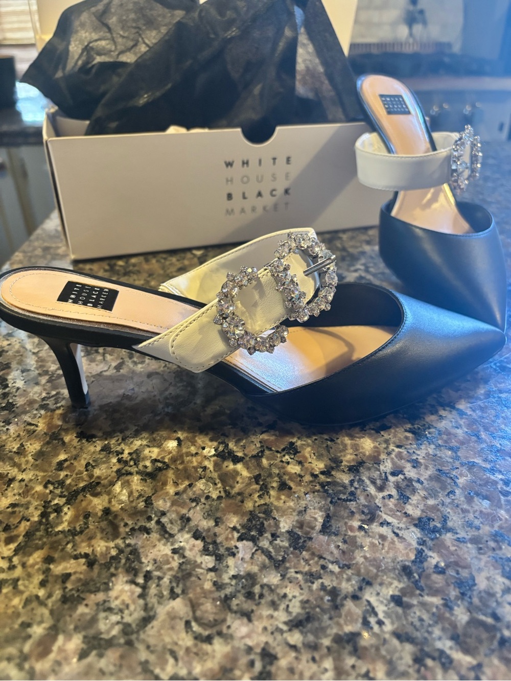 White House Black Market Black and White Rhinestone Buckle Pointed Mule Heels